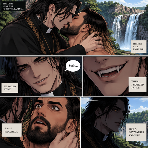 Part 5. Still at the cliff near the forest clearing with the waterfall view. The mysterious man (Damien priest) was kissing Seth Rollins. Seth felt like there was something familiar about the kiss. The man then smiled at him. Seth….then noticed….fangs in the man’s teeth…and realized…he’s a day walker vampire