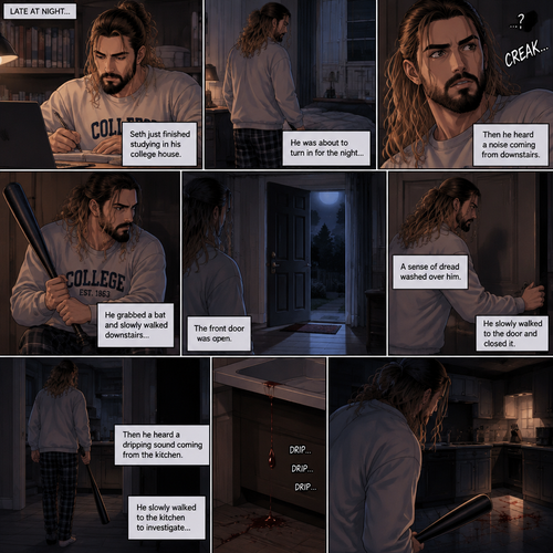 (Recap) Seth Rollins (College student) Arrives at math class and sits at his usual desk,Damien Priest (The bad boy) arrives as well,He sits on the desk next to Seth,Seth was focusing on the math lesson…Damien wasn’t,He was only focusing on Seth like he was the most beautiful angel he’s ever seen,”So beautiful” Damien thought in his mind,After class ended Seth was at his locker when suddenly Damien appeared behind him startling Seth. (And now part 2). It was late at night,Seth just finished studying in his college house. He was about to turn in for the night….Then he heard a noise coming from downstairs. He grabbed a bat and slowly walked downstairs…the front door was open. A sense of dread washed over him. The slowly walked to the door and closed it,Then he heard a dripping sound coming from the kitchen. He slowly walked to the kitchen to investigate