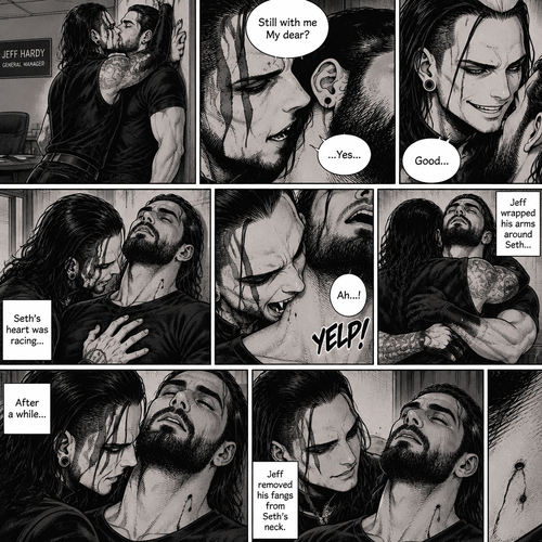 (Part 4 of the Vampire x human story). Still in Jeff Hardy’s office. Jeff was still Kissing Seth Rollins against the wall. After about a minute,Jeff pulled away. Jeff whispered in Seth’s ear “Still with me My dear?” Jeff asked softly. “…Yes…” Seth said softly. Jeff grinned. He leaned forward to Seth’s neck. Seth’s heart was racing. Jeff placed his hand on Seth’s chest to feel his heartbeat again. Seth gasped softly. Jeff gently pierced his fangs into Seth’s neck. Seth yelped softly. Jeff wrapped his arms around Seth. After awhile Jeff removed his fangs from Seth’s neck