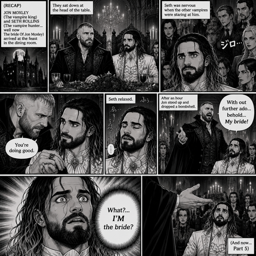 (Recap)Jon Moxley (The vampire king) and Seth Rollins (The vampire hunter…well now The bride Of Jon Moxley) arrived at the feast in the dining room,They sat down at the head of the table,Seth was nervous when the other vampires were staring at him,Jon gently held Seth’s hand and whispered that he was doing good,Seth relaxed,after an hour Jon stood up and dropped a bombshell,”With out further ado…behold…My bride!” Jon said while gesturing to Seth,Seth was shocked. (And now part 5). Seth couldn’t believe it. “What?…I’M the bride?” Seth said in his mind