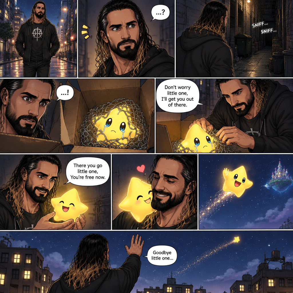 Seth Rollins was having a stroll down the street at night,then…he heard a small crying sound. He followed the sound to an alleyway. At first he didn’t see anything…then he heard the small crying noise coming from a box. He looked inside…he couldn’t believe it…it was a star (Luma). It was tangled up in a net. He got over his shock. “Don’t worry little one,I’ll get you out of there” said Seth. He gently untangled the net off Luma and gently picked him up. “There you go little one,You’re free now” said Seth. Luma smiled with joy and nuzzled up against Seth. Then Luma waved goodbye and flew back home. Seth waved goodbye as well