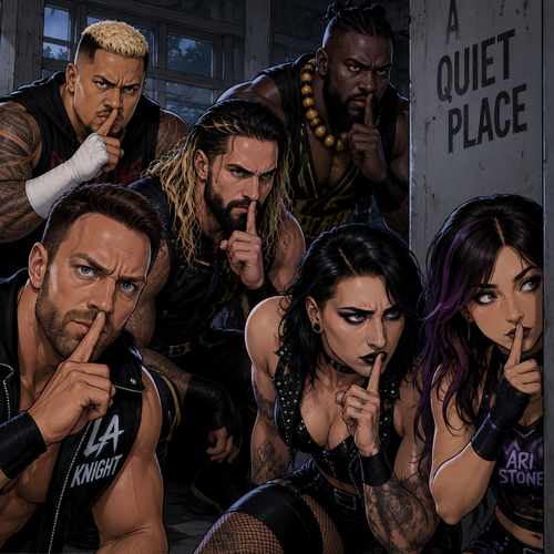 LA Knight,Solo Sikoa,Seth Rollins,Oba Femi,Rhea Ripley and Ari Stone (My wrestler oc) in a quiet place 