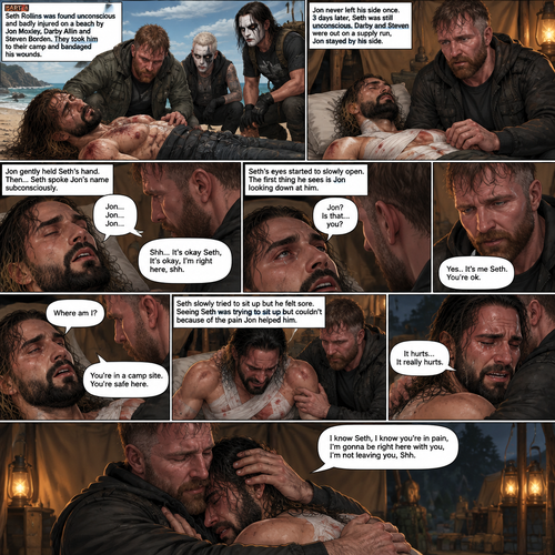 Part 4 of the apocalypse story.Seth Rollins was found unconscious and badly injured on a beach by Jon Moxley,Darby Allin and Steven Borden (Sting’s son).They took him to their camp and bandaged his wounds.Jon never left his side once.3 days later,Seth was still unconscious,Darby and Steven were out on a supply run,Jon stayed by Seth’s side for the past three days.Jon gently held Seth’s hand,Then…Seth Spoke Jon’s name subconsciously “Jon…Jon…Jon”.Jon gently stroked Seth’s head. “Shh It’s okay Seth,It’s okay,I’m right here,shh” Jon whispered.Seth breathed softly,Then….His eyes started to slowly open,The first thing he sees is Jon looking down at him. Seth spoke weakly “Jon?,Is that…you?”. “Yes..It’s me Seth,You’re ok” Jon said softly. “Where am I?” Seth Asked in a weak voice. “You’re in a camp sight,You’re safe here” Jon said Softly.Seth slowly tried to sit up but he felt sore.Seeing Seth was trying to sit up but couldn’t because of the pain Jon helped him.Tears welled up in Seth’s eyes because he was in pain,He got emotional.It broke Jon’s heart to see Seth emotional and in pain,He gently pulled Seth into his embrace as Seth was crying in pain. “It hurts,It really hurts” Seth said through his tears.Jon gently rubbed Seth’s back to soothe him. “I know Seth,I know you’re in pain,I’m gonna be right here with you,I’m not leaving you,Shh” Jon said To Seth Softly