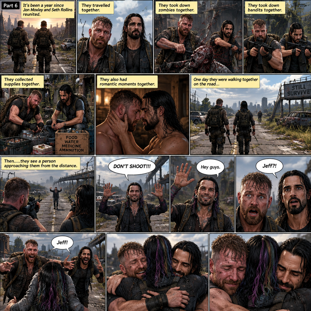 (Part 6). Still in the zombie apocalypse. “it’s been a year since Jon Moxley and Seth Rollins reunited. They travelled together,They took down zombies together,They took down bandits together,They collected supplies together,They also had romantic moments together. One day they were walking together on the road…Then…..they see a person approaching them from the distance. They raise their weapons at the person just to make sure that the person wasn’t a threat. The person raised his hands and shouted “DON’T SHOOT!!!”. They recognized that voice…It was Jeff Hardy. They were shocked. Jeff waved at them and said “Hey guys”. Jon and Seth lowered their weapons and ran towards him. They hugged him