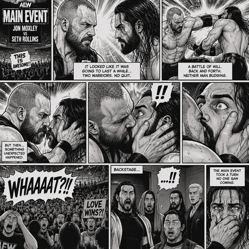 Jon Moxley and Seth Rollins are in a match against each other. It’s the main event. It seems like it was gonna go on for a while…but then….something unexpected happened. Jon…cupped his hands on Seth’s face…pulled him in….and kissed him. Seth’s eyes widened ,the fans went crazy with shock,even some of the other wrestlers that were watching backstage were shocked