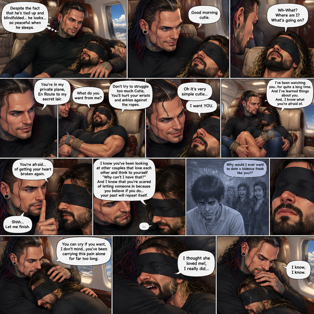 (Previously) The nefarious Jeff Hardy carried the unconscious Seth Rollins (a secret agent) to his private plane after arriving at the airstrip,he put him down on the sofa in the plane,He tied Seth’s wrists and ankles with Rope,Then he blindfolded him,The plane took off,Jeff gently stroked Seth’s head the whispered “We’ll be together soon Cutie,You just don’t know it yet”,Then he gently kissed Seth’s forehead. (And now part 3). Hours have passed,Seth was still unconscious. Jeff was looking at him. “Despite the fact that He’s tied up and blindfolded…he looks…so peaceful when he sleeps” Jeff thought to himself. Then…Seth slowly regained consciousness. “Good morning cutie” Said Jeff. Seth was confused. “Wh-What?…Where am I?…What’s going on?” Seth asked. “You’re in my private plane,En Route to my secret lair” Said Jeff. Seth tried to struggle. “Don’t try to struggle too much Cutie,You’ll hurt your wrists and ankles against the ropes” Said Jeff. “What do you want from me?” Asked Seth. “Oh it’s very simple cutie…I want YOU” said Jeff. Seth was caught off guard. Jeff lifted Seth in his arms,Then he sat back down and put Seth on his lap. “I’ve been watching you…for quite a long time” Said Jeff. “And I’ve learned things about you” Jeff continued. “And…I know what you’re afraid of” Jeff continued. Seth was about to protest But Jeff gently shushed him. “You’re afraid…of getting your heart broken again” said Jeff. Seth was silent…not because he was stunned…it’s because Jeff was right. “I know you’ve been looking at other couples that love each other and think to yourself “Why can’t I have that?” And I know that you’re scared of letting someone in because you believe if you do…your past will repeat itself” Said Jeff. Seth clenched his fists,The memory of his ex-girlfriend cheating on him in high school and humiliating him in front of the entire school and her saying “Why would I ever want to date a hideous freak like you?!” And the other students laughing at him and tears streaming down his face flashed in his mind, Seth was trying not to cry. Jeff noticed and pulled Seth In his embrace. “You can cry if you want,I don’t mind…you’ve been carrying this pain alone for far too long” Jeff said Softly. That did it,Seth couldn’t hold it In anymore,He started crying in Jeff’s arms. “I thought she loved me!,I really did” Seth said through his tears. Jeff gently rubbed Seth’s back. “I know,I know” Jeff said softly. Seth was full on sobbing now,His tears soaking through the blindfold