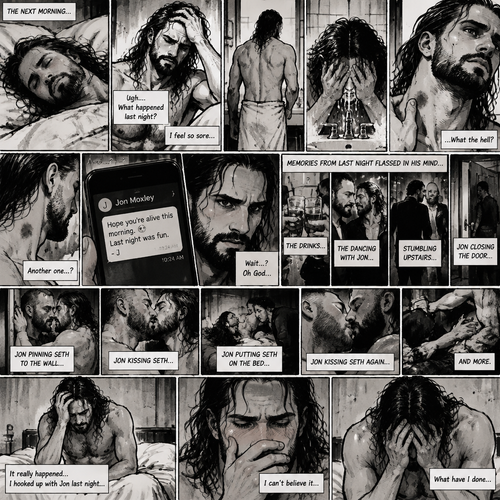 Seth Rollins was asleep after a party last night. Seth slowly woke up hungover,He barely remembered what happened last night. He slowly got up,He felt sore for some reason,Then he slowly walked to the bathroom. He splashed cold water on his face…then…he noticed something on his neck,It was…a hickey. Then he noticed…another hickey on the other side of his neck. Then a text notification popped up on his phone,It was Jon Moxley. Seth was confused,Then…memories from last night flashed in his mind. The drinks,The dancing with Jon,Them stumbling upstairs to Seth’s room,Jon closing the door and pinning Seth to the wall,Jon kissing Seth,Jon putting Seth on the bed,Jon kissing Seth again and…more. The flashback ends. Seth was flustered,He couldn’t believe he hooked up with Jon last night