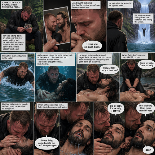 (Recap) Still in the Zombie Apocalypse. Seth Rollins’s world was still black after he fell down a waterfall and hit the water,The his body coughed out water,Then a familiar voice faded in saying “It’s ok baby,It’s ok baby,I got you”,he slowly opened his eyes,the familiar voice spoke again saying “That’s it baby,Open those beautiful eyes”,his vision cleared,he sees Jon Moxley looking down at him and holding him with tears of joy in his eyes,”Jon?” Seth asked weakly. (And now part 3) (This is Jon Moxley’s POV). Jon was sitting down on a log near the river alone looking sad. He looked at a romantic photo of Him and Seth before the zombie apocalypse began. Jon thought Seth died the day the zombie apocalypse began 4 years ago. Tears streamed down Jon’s face,He gently kissed the photo he’s holding. “I miss you so much baby” Said Jon. He looked at the waterfall,He sighed,Then….He sees someone falling down the waterfall and hitting the water. He rushes over and jumps in the water,As he swam closer he got a better look at the person….Jon was shocked….It was the man he loved…The one he thought he lost….Seth Rollins. He swam faster and managed to Get Seth,He swam back to shore while holding Seth. He gently laid Seth down on the shore. “Baby?,Baby can you hear me?” Jon asked. When Seth didn’t respond Jon did CPR on him. “Come on baby,Come on baby” said Jon. He then did mouth to mouth on Seth,Then he went back to doing CPR. “Please Baby,come back to me,I can’t lose you again” said Jon…when all hope seemed lost….Seth started coughing out water.Jon gently held Seth. “It’s ok baby,It’s ok baby,I got you” Jon said softly. Tears of Joy streamed down Jon’s face. Seth slowly opened his eyes. “That’s it baby,Open those beautiful eyes” Jon said softly 