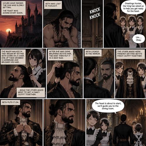 (Recap) Seth Rollins (The vampire hunter) woke up in a Royal bedroom,He finds a note on a nightstand that says “My little hunter,If you are reading this that means you’re awake,I had go out to do my royal duties,In case you’re wondering where you are,you’re in my castle completely safe,I bet you’re wondering why I took you here,I will explain everything soon,There’s going to be a royal feast tonight where I will announce who my bride is,I wish for you to be there,See you tonight my dear, Love Jon”,Then he walked to a mirror and gently traced the bite mark on his neck and wondered what the vampire king (Jon Moxley) wanted with him. (And now part 3). Hours have passed,the sun was slowly setting,The feast was gonna start soon. Seth was lost in thought,Then there was a knock on the door. He got up and opened it,The palace maids were there. “Greetings Hunter,Our king has asked us to help you get ready for the feast” said one of the maids. “Um….Okay” Said Seth. The maids walked in,They began by sitting Seth down on a chair,One of them grabbed a hairbrush and brushed his hair while the other maids went to get a fancy outfit together. After she was done brushing Seth’s hair the maid then put it in a neat bun. Seth looked in the mirror. The other maids were finished Getting Seth’s fancy outfit together. Seth puts it on. “The feast is about to start,we’ll guide you to the dining room” said one of the maids