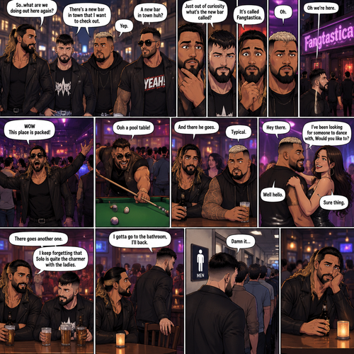 Seth Rollins and his Friends Finn Bálor,Solo Sikoa and LA knight are walking down the road at night. “So..what are we doing out here again?” Solo asked. Finn sighed. “There’s a new bar in town that I want to check out” said Finn “A new bar in town huh?” Said LA knight. “Yep” said Finn. “Just out of curiosity what’s the new bar called?” Asked Seth. “It’s called Fangtastica” said Finn. “Oh” Said Seth and Solo. Finn looked up. “Oh we’re here” said Finn. They head inside. “WOW This place is packed” said LA knight. Then LA knight noticed a pool table. “Ooh a pool table” Said LA knight as he runs to it. “And there he goes” Said Seth. “Typical” said Solo. Seth,Finn and Solo head to a bar table,Then a young woman approached Solo. “Hey there” said the woman. “Well hello” said Solo. “I’ve been looking for someone to dance with,Would you like to?” Asked the woman. “Sure thing” said Solo. They head to the dance floor. “There goes another one” said Seth. “I keep forgetting that Solo is quite the charmer with the ladies” said Finn. Finn and Seth stayed seated at the bar table trying to figure out what to have. “I gotta go to the bathroom,I’ll back” said Finn. He got up and walked to the men’s washroom….but when he got there he discovered a problem….the line for it was too long,He cursed. Seth sat alone at the bar table