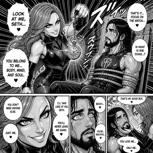 Becky Lynch obsessed with Seth Rollins so she kidnapped him.She takes out a pocket watch and swings it side to side in front of Seth to hypnotize him into loving her