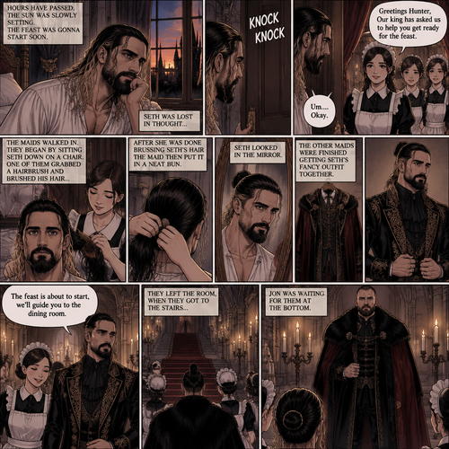 (Recap) Seth Rollins (The vampire hunter) woke up in a Royal bedroom,He finds a note on a nightstand that says “My little hunter,If you are reading this that means you’re awake,I had go out to do my royal duties,In case you’re wondering where you are,you’re in my castle completely safe,I bet you’re wondering why I took you here,I will explain everything soon,There’s going to be a royal feast tonight where I will announce who my bride is,I wish for you to be there,See you tonight my dear, Love Jon”,Then he walked to a mirror and gently traced the bite mark on his neck and wondered what the vampire king (Jon Moxley) wanted with him. (And now part 3). Hours have passed,the sun was slowly setting,The feast was gonna start soon. Seth was lost in thought,Then there was a knock on the door. He got up and opened it,The palace maids were there. “Greetings Hunter,Our king has asked us to help you get ready for the feast” said one of the maids. “Um….Okay” Said Seth. The maids walked in,They began by sitting Seth down on a chair,One of them grabbed a hairbrush and brushed his hair while the other maids went to get a fancy outfit together. After she was done brushing Seth’s hair the maid then put it in a neat bun. Seth looked in the mirror. The other maids were finished Getting Seth’s fancy outfit together. Seth puts it on. “The feast is about to start,we’ll guide you to the dining room” said one of the maids. They left the room,when they got to the stairs…Jon was waiting for them at the bottom
