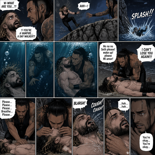 Part 6.Seth Rollins got scared after discovering that the mysterious man (WWE superstar Damien Priest) is a day walker vampire. Seth shoved the man off him…which caused Seth to Stumble and fall off the cliff backwards,Then he hit the water and lost consciousness after. The man was horrified and dived into the water to save Seth,He managed to reach him. He then swam up to the shore with Seth in his arms,He gently put Seth down on the shore. The man panicked,He thought he was gonna lose Seth..again. “No no no Seth please! wake up!please Mi amor! I CAN’T LOSE YOU AGAIN!!!” Said the man. The man then started CPR on Seth hoping he could save him. He kept trying and trying…then…Seth Spat out water and coughed