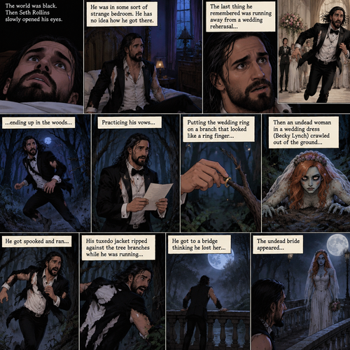 (Part 2 of the corpse bride,Seth x Becky style). The world was black. Then Seth Rollins slowly opened his eyes,He was in some sort of strange bedroom. He has no idea how he got there. The last thing he remembered was running away from a wedding rehearsal,ending up in the woods,Practicing his vows,Putting the wedding ring on a branch that looked like a ring finger,Then an undead woman in a wedding dress (Becky Lynch) crawled out of the ground,He got spooked and ran,His tuxedo jacket ripped against the tree branches while he was running,He got to a bridge thinking he lost her,The undead bride appeared