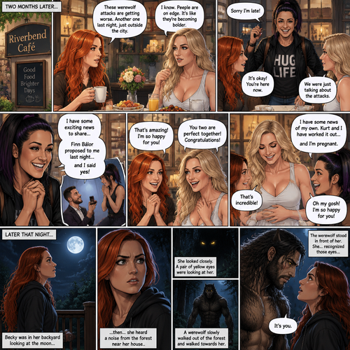(Part 2 of the Werewolf X human story). It’s been two months since the night Becky Lynch and Her friends Charlotte Flair and Bayley saved the Man (Seth Rollins). They haven’t seen him since. Becky and charlotte were having brunch at a cafe,They were talking about the recent werewolf attacks. Then Bayley showed up late….with a happy grin on her face. She apologized for being late and sat at the table. Then she said she’s has some exciting news to share with the two of them….Finn Bálor proposed to her last night…and she said yes. Becky and Charlotte were happy and excited for Bayley. Then Charlotte said she’s has some news of her own. She and her husband (Kurt Wagner a.k.a nightcrawler) have worked it out…and She’s pregnant. Becky and Bayley were happy and excited for Charlotte. Later that night,Becky was in her backyard looking at the moon…then…She heard a noise from the forest near her house. She looked closely. A pair of Yellow eyes were looking at her. A werewolf slowly walked out of the forest and walked towards her. Her heart was pounding. The werewolf stood in front of her. She….recognized those eyes….it was the man Becky and the girls saved two months ago. “It’s you” said Becky.