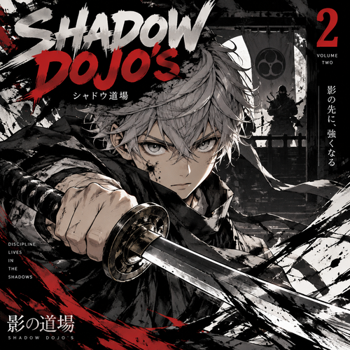 A young boy with gray hair, holding a katana and looking at the screen for a cover volume two of shadow dojo’s