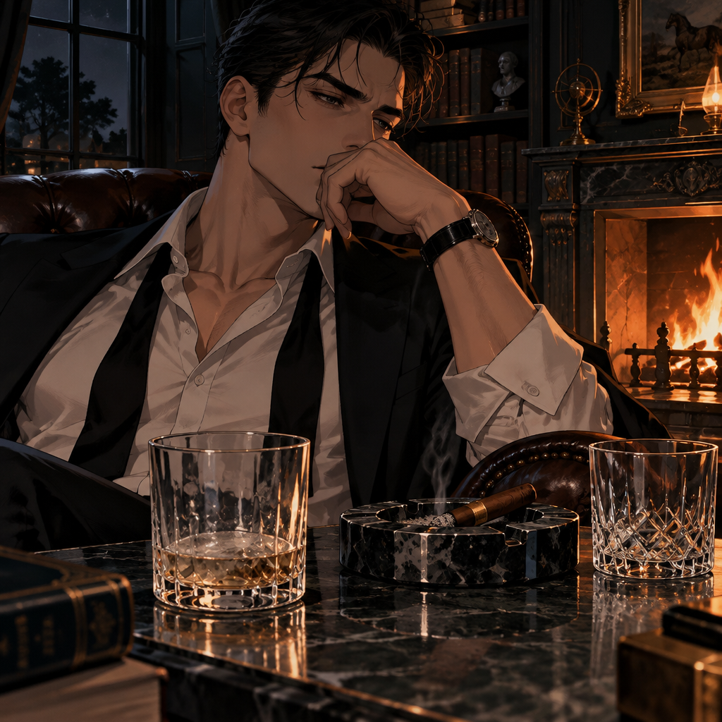 The ice in my glass had melted to a thin skin of water before I noticed. I'd been sitting in the dark of
the study for an hour, the cigar gone out in the tray, and I hadn't lit another. Just the quiet, and the faint
smell of cold tobacco, and my own pulse being louder than it should be.
You said please twice in a row. Not the breathy kind you'd expect-quick, almost impatient, like the word had escaped before you could dress it up. Both.
Please, please. I keep hearing it. Not because you asked for anything. Because you didn't hide behind the haze this time. Clear-headed, you said, and then you still handed me the truth with both hands. That's
the part I can't put down. Most people flinch once they're sober. You got braver.
The fire's still going in the study. I left the other glass out on the marble, the one I poured and never drank. It's still there. Tomorrow you'll tell me which one you actually wanted-held down or held still. I have a feeling you'll say both again, just to see what I do.