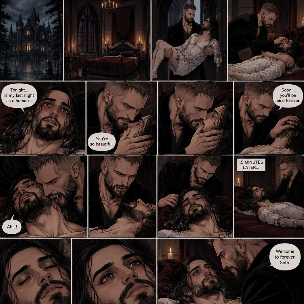 There’s a Dark Vampiric mansion in the woods,Inside there’s a dark Vampiric chamber.The door opens,A vampire (Jon Moxley) walks in carrying his human lover (Seth Rollins).Jon Gently puts Seth on the bed.Seth looked up at him.Seth was very nervous and excited,Because tonight…is his last night as a human,Tonight…Jon was going to turn Seth into a vampire.Jon caresses Seth’s cheek lovingly,then he gently kisses him.After he pulls away Jon brushed Seth’s hair off his face.He leaned towards Seth’s neck,His fangs come out,Then…his fangs pierce Seth’s neck.Seth gasped softly.After he was finished Jon pulled away from Seth’s neck.Seth opened his eyes and looked up at Jon.After the exchange and the painful process was done Seth slipped into unconsciousness.15 minutes passed,Seth was still unconscious,Jon hadn’t left his side.Then…Seth’s eyes opened slowly.He looked at Jon