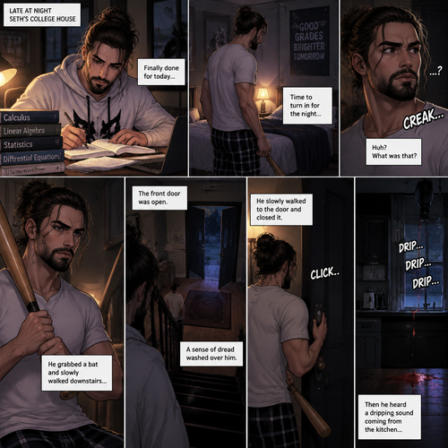(Recap) Seth Rollins (College student) Arrives at math class and sits at his usual desk,Damien Priest (The bad boy) arrives as well,He sits on the desk next to Seth,Seth was focusing on the math lesson…Damien wasn’t,He was only focusing on Seth like he was the most beautiful angel he’s ever seen,”So beautiful” Damien thought in his mind,After class ended Seth was at his locker when suddenly Damien appeared behind him startling Seth. (And now part 2). It was late at night,Seth just finished studying in his college house. He was about to turn in for the night….Then he heard a noise coming from downstairs. He grabbed a bat and slowly walked downstairs…the front door was open. A sense of dread washed over him. The slowly walked to the door and closed it,Then he heard a dripping sound coming from the kitchen