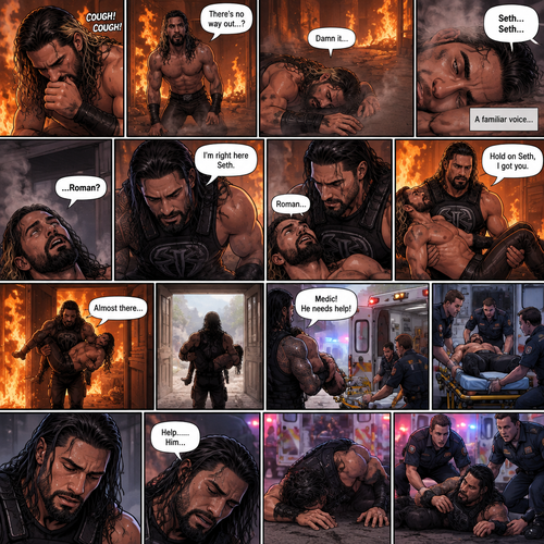 Seth Rollins is in a burning building,He tries to find a way out,he couldn’t find a way out. He was coughing because of the smoke,He eventually collapsed on the floor. Then…he heard a familiar voice calling out his name,he slowly opened his eyes…it was Roman Reigns. He weakly called out Roman’s name. Roman rushed towards Seth. “I’m right here Seth” Said Roman. He lifted Seth in his arms. “Hold on Seth,I got you” Roman said to Seth. He rushed to find a way out,he found one. He ran towards the exit with Seth in his arms,He made it out. He runs to an ambulance with Seth in his arms. “Medic! He needs help!” Roman yelled. He puts Seth on a gurney. The paramedics wheel Seth into the ambulance. The adrenaline that Roman had Slowly wore off. “Help…..Him…” said Roman. Then…..He collapsed on the ground. Another team of paramedics rushed to Roman