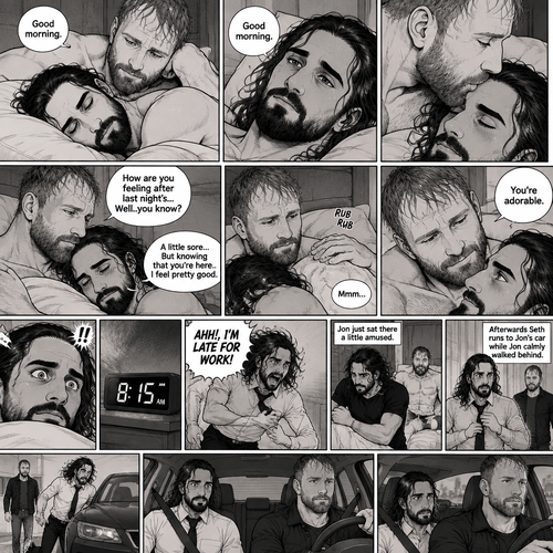 (Part 5). Still at Jon Moxley’s house. The next morning,Seth Rollins was asleep in Jon’s bed after last night’s activity. After a while Seth woke up,Jon was awake Before Seth was. “Good morning” Jon said softy. “Good morning” Seth Said Softly. Jon gently kissed Seth’s forehead. “How are you feeling after last night’s…Well..you know?” Jon asked. “A little sore…But knowing that you’re here..I feel pretty good” Seth said Softly. Jon gently rubbed Seth’s back. Seth hummed softly. Jon smiled softly. “You’re adorable” Said Jon. Seth blushed a little. Seth then looked at the alarm clock…then his eyes widened in horror…it was 8:15. “AHH!,I’M LATE FOR WORK!” Seth yelled then scrambled out of bed to get dressed. Jon just sat there a little amused. Seth was getting dressed frantically. Jon calmly got up and got dressed. Afterwards Seth Runs to Jon’s car while Jon calmly walked behind. Seth got in the passenger seat and Jon got in the driver Seat. Jon started driving. (end of part 5) 