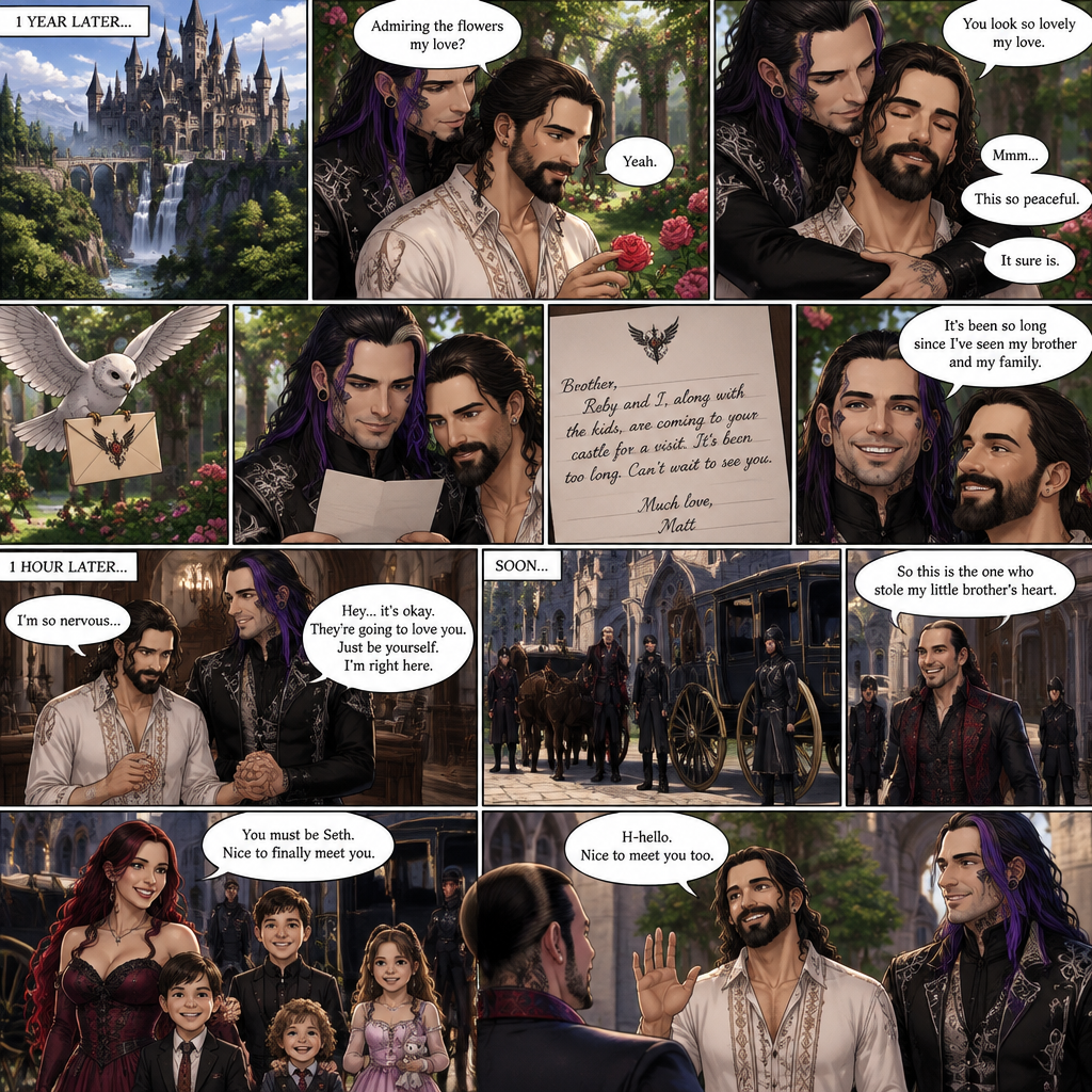(Part 4 of the dark angel X human story). 1 year had passed,Jeff Hardy (The dark angel king) and Seth Rollins are more closer than ever. Seth had been living in the palace with Jeff. One day Seth was in the garden. Jeff walked behind him. “Admiring the flowers my love?” Jeff asked. Seth smiled softly. “Yeah” Seth said softly. Jeff gently pulled Seth in his embrace. “You look so lovely my love” Jeff said softly. Seth hummed softly. “This so peaceful” Seth said softly. “It sure is” Jeff said softly. Then a messenger bird flew in with a letter. Jeff gently picked up the letter and opened it,It was from his brother Matt saying that he and his wife and kids are coming to Jeff’s castle for a visit. Seth looked at the letter too. Jeff smiled,it had been so long since he’s seen his brother and his family. 1 hour later,Jeff was anticipating their arrival and Seth was completely nervous. Seeing that Seth was nervous Jeff gently held his hand and reassured him. Then the carriage arrived. Matt Hardy walked out of it,Then his wife Reby,Then their kids Maxel,Bart,Wolfgang and Ever. Jeff greeted them. Matt looked at Seth and said “So this is the one who stole my little brother’s heart”. Seth waved nervously and said hello. “You must be Seth,Nice to finally meet you” Said Reby. “Nice to meet you too” said Seth. (End of part 4)