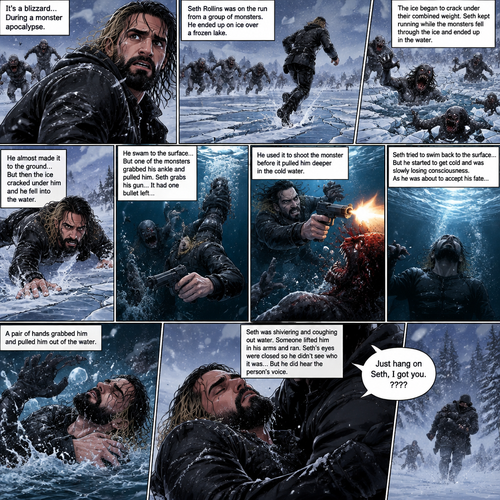 It’s a blizzard…During a monster apocalypse. Seth Rollins was on the run from a group of monsters. He ended up on ice over a frozen lake. The ice began to crack under the group of monsters combined weight. Seth kept running while the monsters fell through the ice and ended up in the water. He almost made it to the ground….But then the ice cracked under him and he fell into the water. He swam to the surface…but one of the monsters grabbed his ankle and pulled him. Seth grabs his gun…it had one bullet left…He used it to shoot the monster before it pulled him deeper in the cold water. Seth tried to swim back to the surface…But he started to get cold and was slowly losing consciousness. As he was about to accept his fate….A pair of hands grabbed him and pulled him out of the water. Seth was shivering and coughing out water. Someone lifted him in his arms and ran. Seth’s eyes were closed so he didn’t see who it was…But he did hear the person’s voice. “Just hang on Seth,I got you” Said ????
