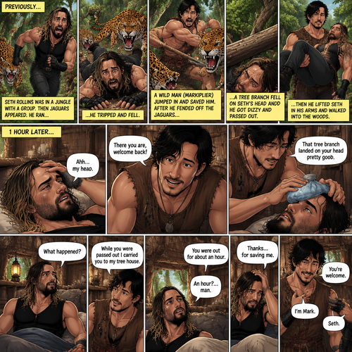 (Recap!) Seth Rollins was in a jungle with a group,Then jaguars appeared,he ran,he tripped and fell. A wild man (Markiplier) jumped in and saved him,A tree branch fell on Seth’s head and he got dizzy and passed out. After the wild man fended off the jaguars he lifted Seth in his arms and walked in the woods. (All caught up? Good! Now onto part 2!). 1 hour had passed,Seth slowly regained consciousness. The wild man was looking down at Him. “There you are,welcome back!” Said the wild man. Seth Groaned and put his hand on his head. “Ahh,my head” said Seth. “That tree branch landed on your head pretty good” said the wild man. He gently puts ice on Seth’s head. “What happened?” Asked Seth. “While you were passed out I carried you to my tree house” said the wild man. Seth looked at his surroundings,he was indeed in the wild man’s treehouse. “You were out for about an hour” said the wild man. “An hour?….man” said Seth. Seth slowly sat up. “Thanks….for saving me” said Seth. The wild man smiled softly. “You’re welcome” said the wild man. “I’m mark” said mark. “Seth” said Seth