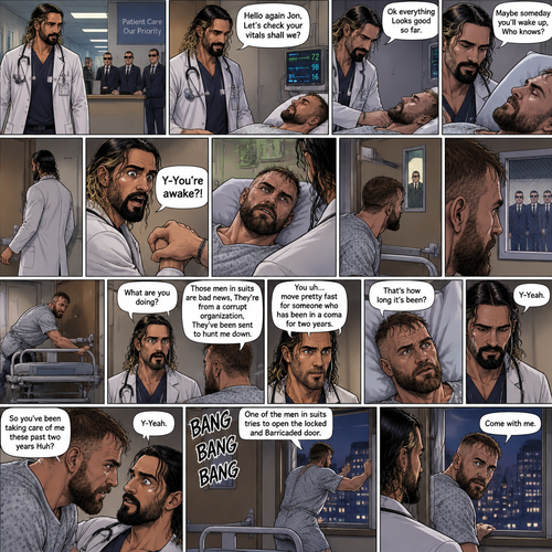 Seth Rollins is a Doctor. He had been looking after a patient (Jon Moxley) who had been in a coma for two years. One day he was walking to Jon’s room,Then he saw men in suits at the front desk. He thought nothing of it and kept walking. He entered Jon’s room. “Hello again Jon,Let’s check your vitals shall we?” Said Seth. He checks Jon’s vitals. “Ok everything Looks good so far” said Seth. He looked at Jon’s face. “Maybe someday you’ll wake up,Who knows?” Said Seth. He got up to leave the room….But a hand grabbed a hold of his wrist. Seth gasped. It was Jon,He’s wide awake and Looking at Seth. “Y-You’re awake” Said Seth. Then Jon carefully got up,Looked out the door and noticed the men in suits. His eyes widened and he shut the door and locked it. “What are you doing?” Seth asked. Jon spoke for the first time since the coma “Those men in suits are bad news,They’re from a corrupt organization,They’ve been sent to hunt me down”. Seth Fell silent,Processing what Jon just said. Jon moved quickly to barricade the door. “You uh…move pretty fast for someone who has been in a coma for two years” said Seth. Jon fell silent while processing that information. “That’s how long it’s been?” Jon asked. Seth nodded slowly. Jon walked slowly toward Seth. “So you’ve been taking care of me these past two years Huh?” Said Jon. Seth got nervous. “Y-Yeah” Seth said Nervously. Then one of the men in suits tried to open the locked and Barricaded door. Jon quickly ran to the window and opened it. He looked at Seth