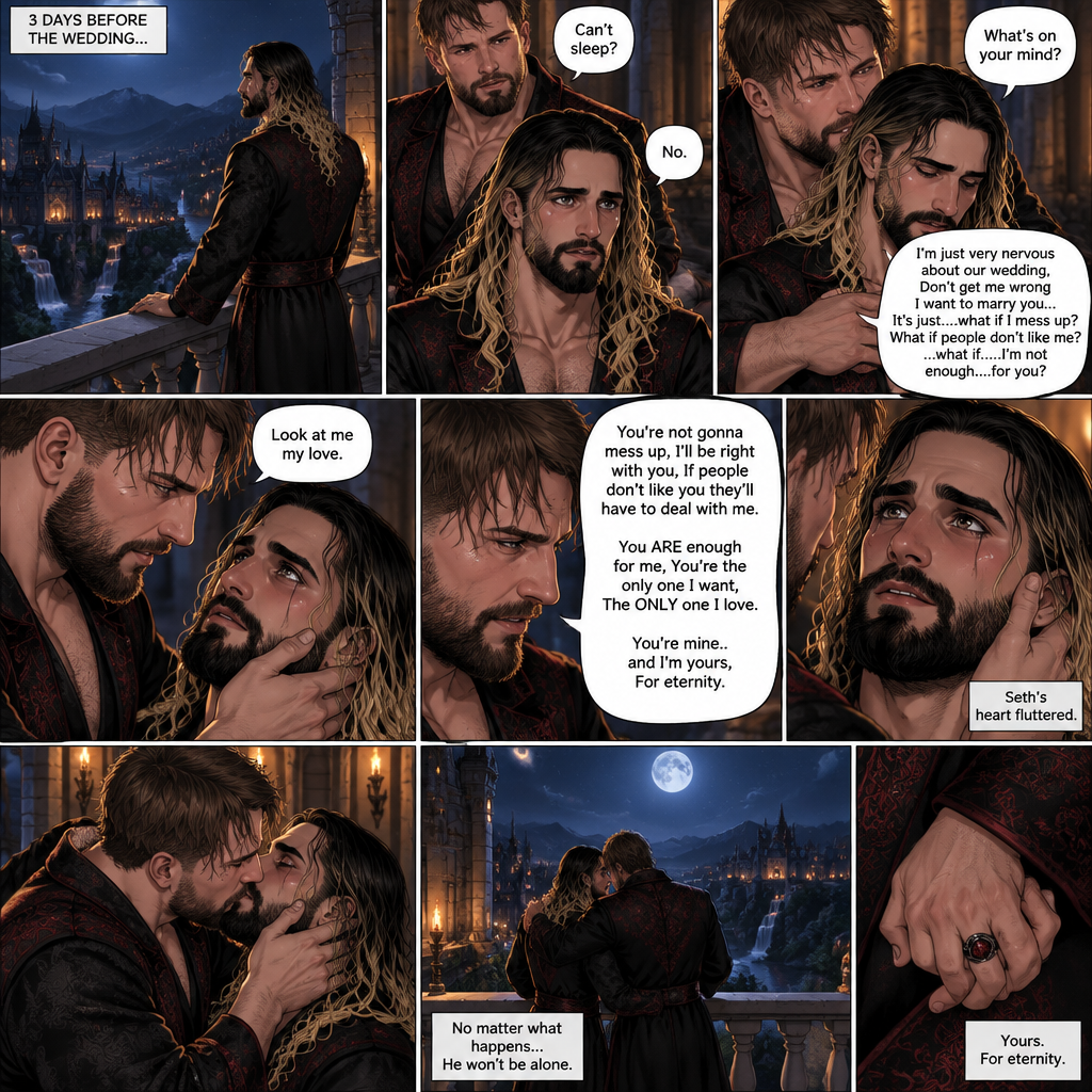 (Recap) Seth Rollins (The vampire hunter turned Bride of the Vampire king) was almost kidnapped by A mysterious figure (AJ Styles),Jon Moxley (Vampire King) Saved Seth,The man took off the hood and revealed he’s Seth’s brother,Seth was stunned. “What?” Seth asked,”I’m your brother” said Aj,Seth shook his head a little,”I don’t believe you” Said Seth,”I know this is a lot to process,but it’s true” said Aj,Jon gently pulled Seth to his side,”How do we know you’re telling the truth?” Jon asked cautiously,Aj shows his birthmark,It’s the shape of a crescent moon…just like Seth’s. Seth was stunned,All this time he thought he was the only one with that birthmark’”A-Are you really my brother?” Seth asked,”Yes Seth…I am” said Aj,”I have been searching for you…all these years” Aj paused,Tears welling up in his eyes,”And I finally found you” Aj continued,Seth didn’t know what to say,Neither did Jon,”I’ve never forgotten about you,little brother” Said Aj,Something flashed in Seth’s mind,it was a memory of himself and Aj when they were little,Aj (as a kid) had promised Seth he would never forget him,The flashback ends,Tears welled up in Seth’s eyes,Seth and Aj hugged each other,Jon just watched. (And now part 8). 3 days before the wedding,Seth and Jon were still preparing. Aj helped out. The night before Aj had told Jon and Seth that he’s a werewolf. Seth and Jon were shocked but were happy that Aj was being honest with them. Seth was on the balcony Looking at the view and Looking nervous about the wedding. Jon appeared behind him checking in on him. “Can’t sleep?” Jon asked. “No” Said Seth. Jon wrapped his arms around him. “What’s on your mind?” Jon asked. “I’m just very nervous about our wedding,Don’t get me wrong I want to marry you…It’s just….what if I mess up? What if people don’t like me?…what if…..I’m not enough….for you?” Said Seth. “Look at me my love” Jon said softly. Seth looked up at him. “You’re not gonna mess up,I’ll be right with you,If people don’t like you they’ll have to deal with me,You ARE enough for me,You’re the only one I want,The ONLY one i love,You’re mine..and I’m yours,For eternity” Jon said softly. Seth’s heart fluttered. Jon kissed him softly