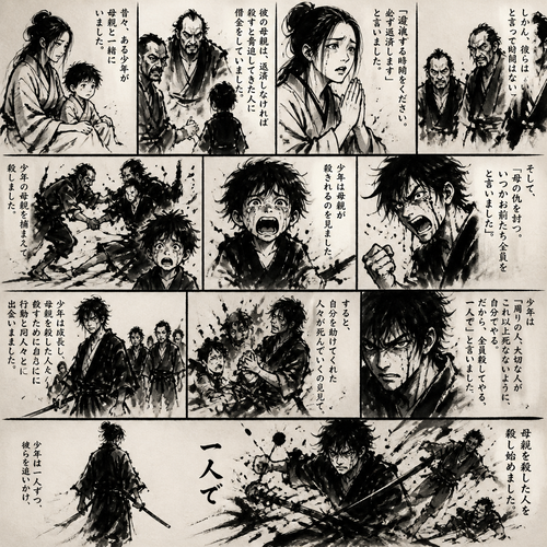 昔々、ある少年が母親と一緒にいました。彼の母親は、返済しなければ殺すと脅迫してきた人に借金をしていました。母親は「返済する時間をください。必ず返済します」と言いました。しかし、彼らは「そんな時間はない」と言って、少年の母親を捕まえて殺しました。少年は母親が殺されるのを見ました。そして、「母の仇を討つ。いつかお前たち全員を殺してやる」と言いました。少年は成長し、母親を殺した人を殺すために自分と同じように行動した人々と出会いました。すると、自分を助けてくれた人々が死んでいくのを見て、少年は「周りの人、大切な人がこれ以上死なないように、自分でやる。だから、全員殺してやる、一人で」と言いました。少年は一人ずつ彼らを追いかけ、母親を殺した人を殺し始めました。