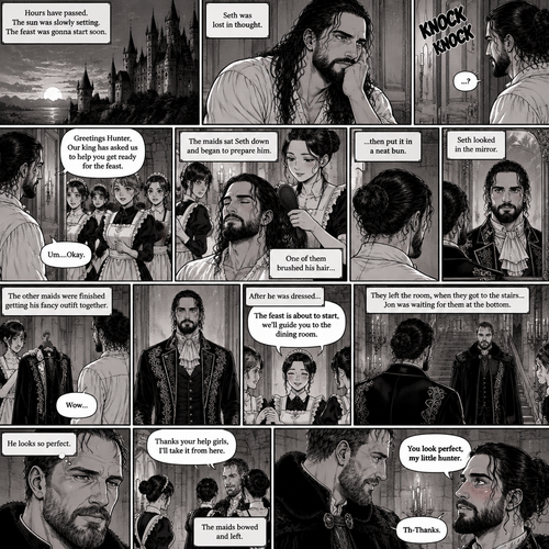 (Recap) Seth Rollins (The vampire hunter) woke up in a Royal bedroom,He finds a note on a nightstand that says “My little hunter,If you are reading this that means you’re awake,I had go out to do my royal duties,In case you’re wondering where you are,you’re in my castle completely safe,I bet you’re wondering why I took you here,I will explain everything soon,There’s going to be a royal feast tonight where I will announce who my bride is,I wish for you to be there,See you tonight my dear, Love Jon”,Then he walked to a mirror and gently traced the bite mark on his neck and wondered what the vampire king (Jon Moxley) wanted with him. (And now part 3). Hours have passed,the sun was slowly setting,The feast was gonna start soon. Seth was lost in thought,Then there was a knock on the door. He got up and opened it,The palace maids were there. “Greetings Hunter,Our king has asked us to help you get ready for the feast” said one of the maids. “Um….Okay” Said Seth. The maids walked in,They began by sitting Seth down on a chair,One of them grabbed a hairbrush and brushed his hair while the other maids went to get a fancy outfit together. After she was done brushing Seth’s hair the maid then put it in a neat bun. Seth looked in the mirror. The other maids were finished Getting Seth’s fancy outfit together. Seth puts it on. “The feast is about to start,we’ll guide you to the dining room” said one of the maids. They left the room,when they got to the stairs…Jon was waiting for them at the bottom. He looked at Seth. “He looks so perfect” Jon said in his mind. He looked at the maids. “Thanks your help girls,I’ll take it from here” Jon said to the maids. The maids bowed and left. Jon looked at Seth again with a smile. “You look perfect,my little hunter” said Jon. Seth blushed a little. “Th-Thanks” said Seth