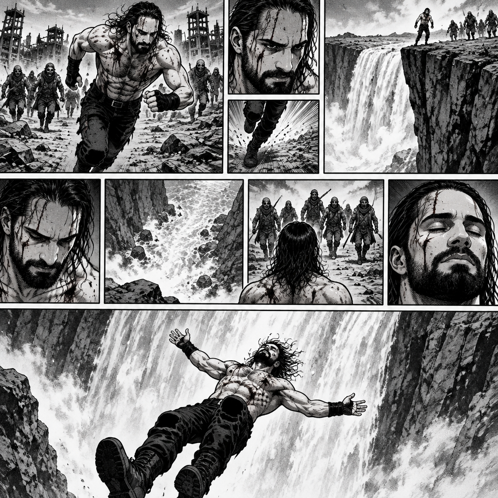 It’s a post apocalyptic world,Seth Rollins was on the run from bandits.He was badly injured but he kept running,running….then….He came across a cliff near a waterfall.The bandits were behind him,He slowly backed up till he was at the edge of the cliff.He looked at the bottom…and then he looked back at the bandits,They were slowly walking towards him.He knew he didn’t have a choice,He closed his eyes….and let himself fall backwards off the cliff and into the water