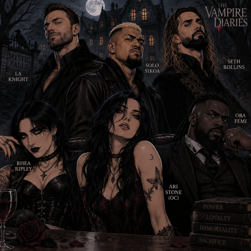 LA Knight,Solo Sikoa,Seth Rollins,Oba Femi,Rhea Ripley and Ari Stone (My wrestler oc) in the vampire diaries 
