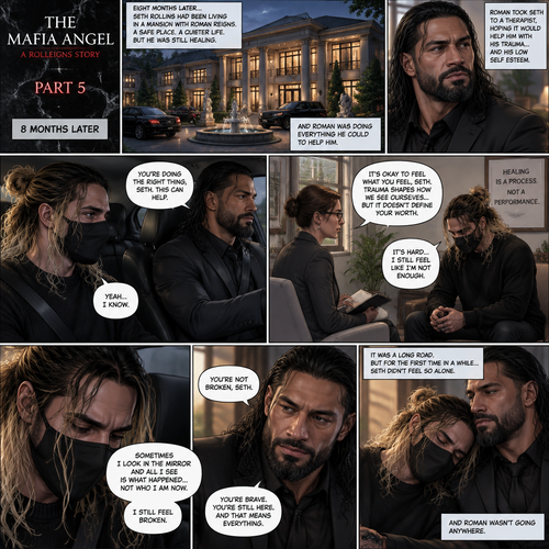 (Part 5 of the mafia angel,A Rolleigns story). 8 months later,Seth Rollins (He’s still wearing a mask) had been living in a mansion with Roman Reigns (Mafia leader). Roman had been Taking Seth to a therapist hoping that’ll help him with his trauma and his low self esteem