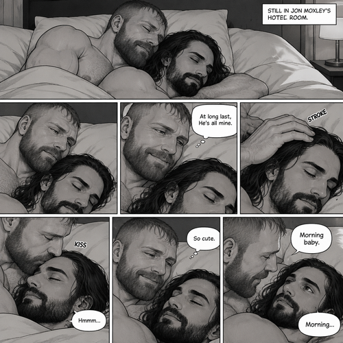 (Part 3). Still in Jon Moxley’s hotel room. Jon Moxley and Seth Rollins were asleep after last night’s activity. Jon slowly woke up,he looked down at Seth who was still asleep. Jon smiled,then he gently stroked Seth’s head. “At long last,He’s all mine” Jon thought to himself. He gently kissed Seth’s forehead. Seth hummed softly in his sleep. “So cute” Jon thought to himself. Then Seth slowly woke up. “Morning baby” Jon said morning