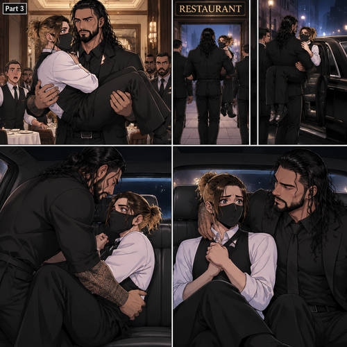 (Recap) Seth Rollins is a waiter at a restaurant,He’s wearing a mask that covers his face because all his life he was told he was ugly and he believed them,He’s also was even too afraid to look at mirrors,Then Roman Reigns (Mafia Boss) and his men walked in and sat down at a table,He wanted to see Seth personally,Seth was nervous but walked over here,Roman wrapped his arm around Seth’s waist and pulled him onto his lap,Seth gasped softly,Roman stated that he’s been Looking for Seth,Seth was confused,The manager walked over and was about to lecture Seth but Roman’s men pointed their weapons at him,Roman gave him a cold look and said “Don’t”,The manager got spooked and walked away,Roman looked back at Seth,Seth’s heart was racing. (And now part 3). Roman got up with Seth in his arms and walked out to his limousine. He put Seth on the seat