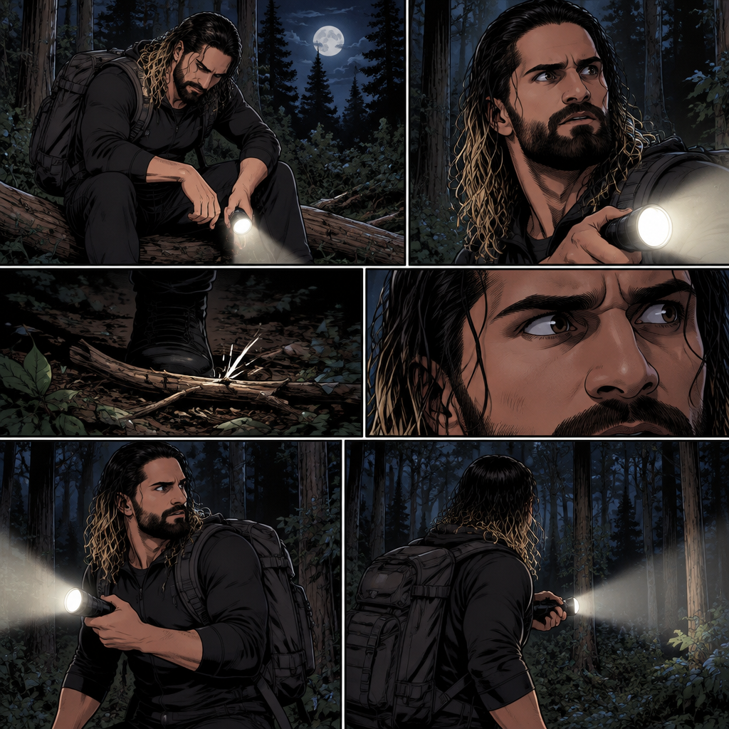 Seth Rollins was lost in the middle of the woods at night,The only this has right now is a backpack and a flashlight.He was about to take a break…then he heard something stepping on a twig.He looked around for the source pointing his flashlight,Then he heard something moving in the woods,He was looking frantically