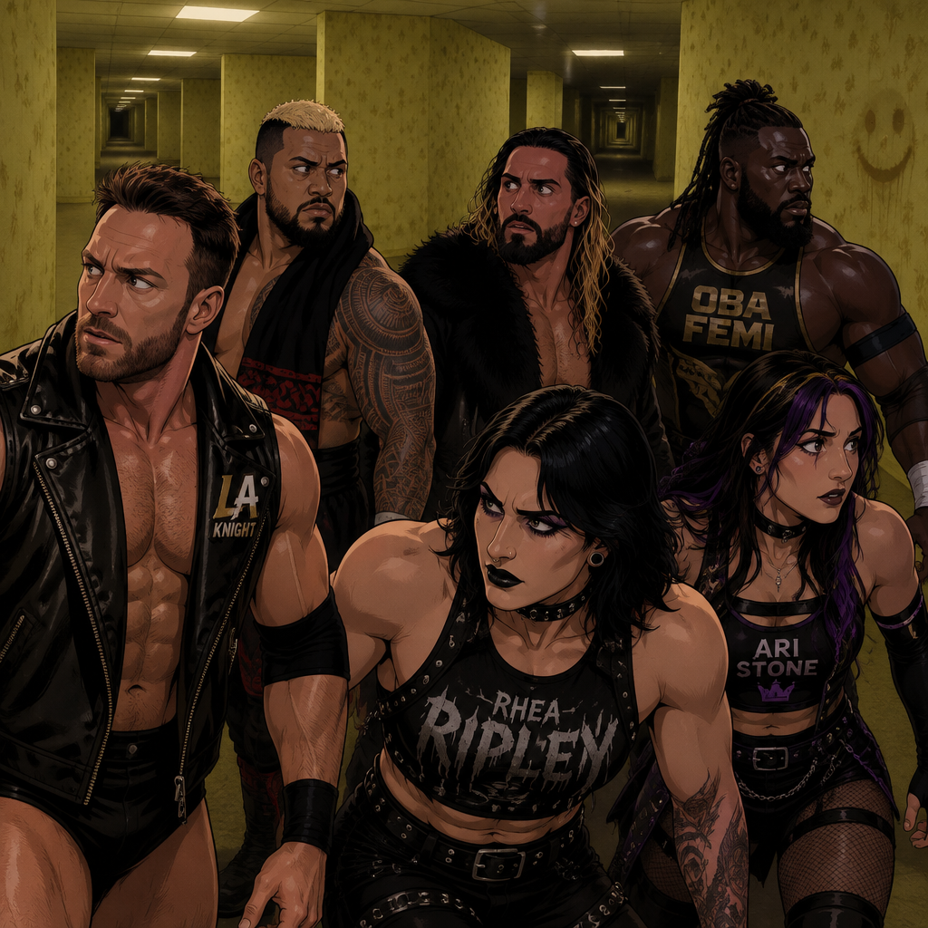 LA Knight,Solo Sikoa,Seth Rollins,Oba Femi,Rhea Ripley and Ari Stone (My wrestler oc) in the backrooms