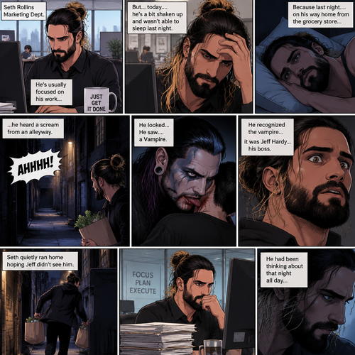 Seth Rollins was working at an office building. He’s usually focused on his work,But…today….he’s a bit shaken up and wasn’t able to sleep last night. Because last night….on his way home from the grocery store…he heard a scream from an alleyway. He looked…He saw….a Vampire. He recognized the vampire…it was Jeff Hardy…his boss. Seth quietly ran home hoping Jeff didn’t see him. He had been thinking about that night all day