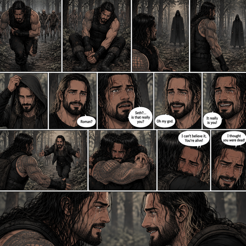 Roman Reigns is in a zombie apocalypse,He walking in the woods. He hurt his ankle while running away from a zombie horde. He’s far away from them and limping in the woods. The pain in his ankle was too much to ignore so he sat down on a rock,he sat there for a while….then….he heard distant footsteps. He looked behind him. There’s a hooded figure in the distance. He slowly stood up,he had his guard up. The hooded figure stopped walking. They were silent for a while. Then….the hooded figure took off his hood…it was….Seth Rollins. “Roman?” Said Seth. Roman’s eyes widened. “Seth?…is that really you?” Roman asked. Seth slowly smiled with joy. “Oh my god” Seth said softly. Roman slowly smiled and tears of joy welled up in his eyes. “It really is you!” Said Roman. Roman limped towards Seth while Seth runs towards Roman. They hugged each other and cried tears of joy. “I can’t believe it,You’re alive!” Seth Said through his tears. “I thought you were dead!” Roman said through his tears. After a while Roman and Seth looked at each other 