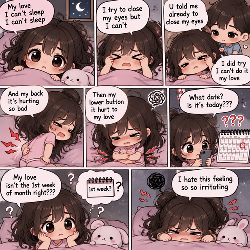My love I can’t sleep I can’t sleep I try to close my eyes but I can’t u told me already to close my eyes I did try I can’t do it my love & my back it’s hurting so bad then my lower button it hurt to my love what date? is it’s today??? My love isn’t the 1st week of month right??? I hate this feeling so so irritating 