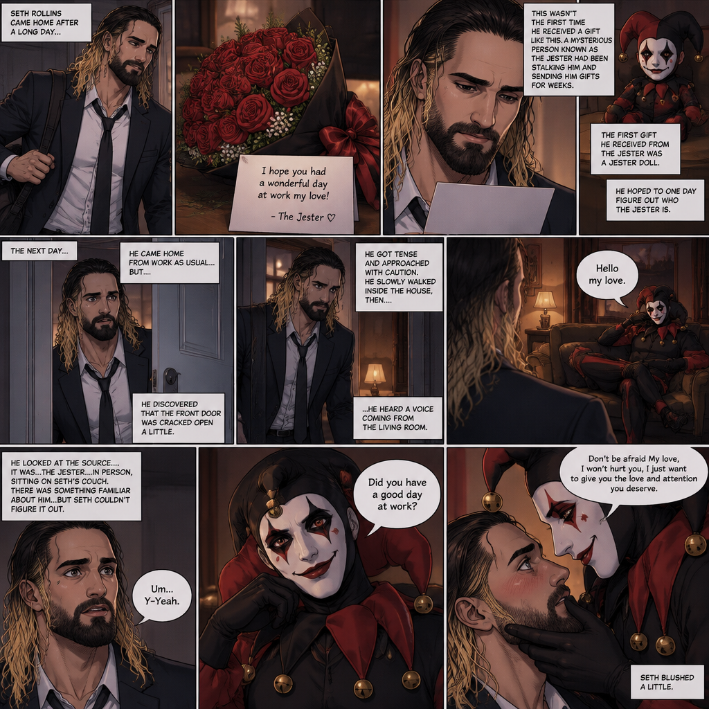 Seth Rollins came home after a long day,He discovered a bouquet of roses on his table. He reads the card,it says “I hope you had a wonderful day at work my love!-The jester”. This wasn’t the first time he received a gift like this. A mysterious person known as the Jester had been stalking him and sending him gifts for weeks. He was never able to figure who this person is. The first gift he received from the jester was a jester doll. He hoped to one day figure out who the jester is. The next day,he came home from work as usual….but….he discovered that the front door was cracked open a little. He got tense and approached with caution. He slowly walked inside the house,then….he heard a voice coming from the living room “Hello my love”. He looked at the source….it was…the jester….in person,Sitting on Seth’s couch. There was something familiar about him…but Seth couldn’t figure it out. “Did you have a good day at work?” Asked the Jester. Seth was a little nervous. “Um…Y-Yeah” said Seth. Seeing how nervous Seth was The Jester slowly walked towards Seth. He gently lifted Seth’s chin. “Don’t be afraid My love,I won’t hurt you,I just want to give you the love and attention you deserve” the jester said softly. Seth blushed a little