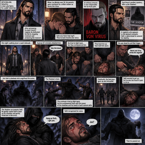 Seth Rollins is a detective. He and Jon Moxley had been friends for years. When Jon was 18 years old His parents were murdered by a villain known as Baron Von Virus. Seth (who was also 18 at the time) comforted him that night. Ever since then Seth dedicated himself to stopping criminals like Baron Von virus and protecting the innocent. He was also trying to figure out the identity of a mysterious Vigilante known as the shadow. One night he walking down the sidewalk,Then a group of bad people attacked him. He tried to fight back but they overpowered him. They beat him up,Then they hold him down. One of them points a gun at his head and says “Baron von virus sends his regards”. He was about to pull the trigger…but then a shadow myst engulfed him. The shadow is here. They let Seth go and try to attack the shadow but he overpowered them with the power of the shadows and his hand to hand combat skills. Seth wanted to get up but he was too much in pain to do so. The bad guys eventually give up and retreat. The shadow ran towards Seth. He gently rested Seth’s head on his shoulder and gently lifted him in his arms. He started walking. “Hang on Seth,I got you” The shadow said softly. Seth recognized his voice. “Jon?” Seth asked weakly. Then he passed out. (End of part 1)