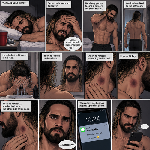 Seth Rollins was asleep after a party last night. Seth slowly woke up hungover,He can barely remember what happened at the party. He slowly got up,then he slowly walked to the bathroom. He felt a bit sore for some reason. He splashed cold water in his face,Then he looked in the mirror…then…he noticed something on his neck,It was a hickey. Then he noticed….another hickey on the other side of his neck. Then a text notification popped up on his phone,It was Jon Moxley
