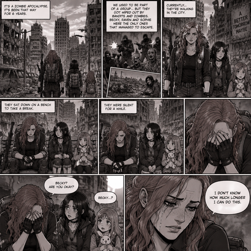 It’s a zombie apocalypse,It’s been that way for 6 years,Becky lynch is surviving with two people,A teenager named Raven and a little girl named Sophie. They used to be part of a group…but they got wiped out by Bandits and Zombies,Becky,Raven and Sophie were the only ones that managed to escape. They’re currently walking in the city. They sat down on a bench to take a break. They were silent for a while. Then…Becky started to cry. Raven and Sophie were concerned. “I don’t know how much longer I can do this” Said Becky
