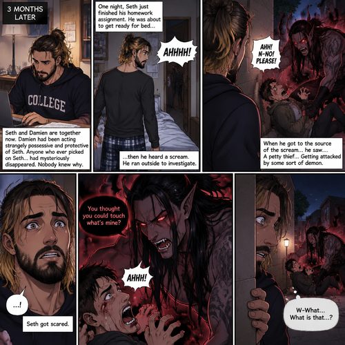 (Recap). Seth Rollins (College student) helped Damien Priest (The bad boy) tend to his wounds on his chest and shoulder after he entered Seth’s dorm room,The next morning,Seth and Damien were asleep in Seth’s bed,Seth slowly woke up,He was in Damien’s embrace,He blushed and his heart fluttered,Damien must’ve heard it because he subconsciously put his hand on Seth’s chest to feel Seth’s heartbeat and hummed softly in his sleep,Seth was flustered,Then…Damien slowly woke up and looked at Seth,”Your heart beats so beautifully” Damien said in a soft voice,Damien then whispered in Seth’s ear,“Is it because of me,Angel?” Damien asked seductively,The blush on Seth’s face deepened,Damien gave a smug and seductive smile.,”Can I kiss you?” Damien asked softly. Seth Got more Flustered,“S-Sure” Seth said nervously,Damien gently kissed Seth. (And now part 4). 3 months had passed,Seth and Damien are together. Damien had been acting strangely possessive and protective of Seth. Anyone who ever picked on Seth…had mysteriously disappeared. Nobody knew why. One night Seth just finished his homework assignment. He was about to get ready for bed….then he heard a scream. He ran outside to investigate. When he got to the source of the scream….he saw….A petty thief…Getting attacked by some sort of demon. Seth got scared.