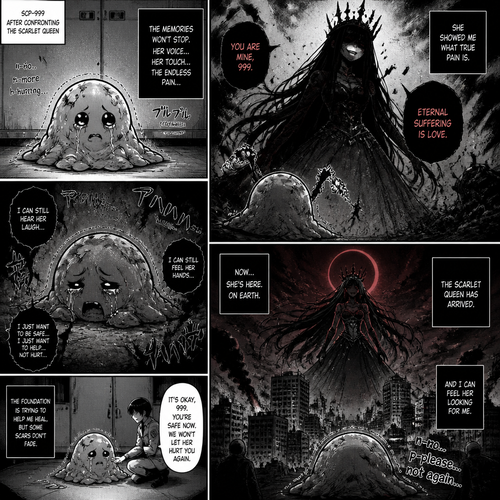 Scp 999 had ptsd after fighting scarlet queen and scarlet queen is here in earth 