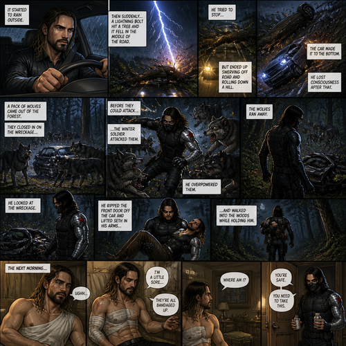 Seth Rollins was driving in his car,It started to rain outside.Then suddenly a lightning bolt hit a tree and it fell in the middle of the road.He Tried to stop…But ended up swerving off road and rolling down a hill.The car made it to the bottom,He lost consciousness after that.A pack of wolves came out of the forest,They closed in on the wreckage,Before they could attack…the winter soldier attacked them.He overpowered them,The wolves ran away.He looked at the wreckage,He walked towards it,He Sees Seth in the front seat,He ripped the front door off the car and lifted Seth in his arms and walked into the woods while holding him.The next morning,Seth slowly woke up,He tried to sit up but he felt a little sore.He looked at his wounds,They were all bandaged up.He then looked around his surroundings,He was In some sort of bedroom.He then heard footsteps,The door opened,The winter soldier was standing in the doorway with medicine in his hands