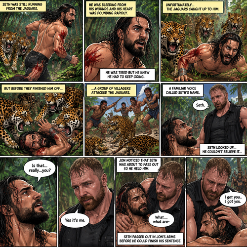 (Recap) Seth Rollins was on a cruise,then one night Thunder came,Seth got up from bed,The ship was rocking against the waves,Seth fell overboard,He swam as best he could,A wave crashed down on him,Everything went black,A few hours later,Seth woke up on shore,He was on an island,8 days have passed,He was still on the island,He walked to the jungle for more food,Then a group of jaguars attacked him,They bit him in the arm and leg,He managed to yank them off him and ran. (And now part 3). Seth was still running from the jaguars. He was bleeding from his wounds and his heart was pounding rapidly,He was tired but he knew he had to keep going. Unfortunately the jaguars caught up to him….but before they finished him off….a group of villagers attacked the Jaguars. A familiar Voice called Seth’s name. Seth looked up….He couldn’t believe it….It was Jon Moxley (He was missing for 3 months). Jon gently helped Seth stand up. “Is that….really….you?” Seth asked. “Yes it’s me” Said Jon. Jon noticed that Seth was about to pass out so he held him. “What….what are-“ Seth passed out in Jon’s arms before he could finish his sentence. “I got you..I got you” Said Jon